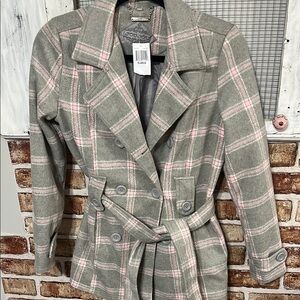 Jou Jou Gray and Pink Plaid Trench Coat